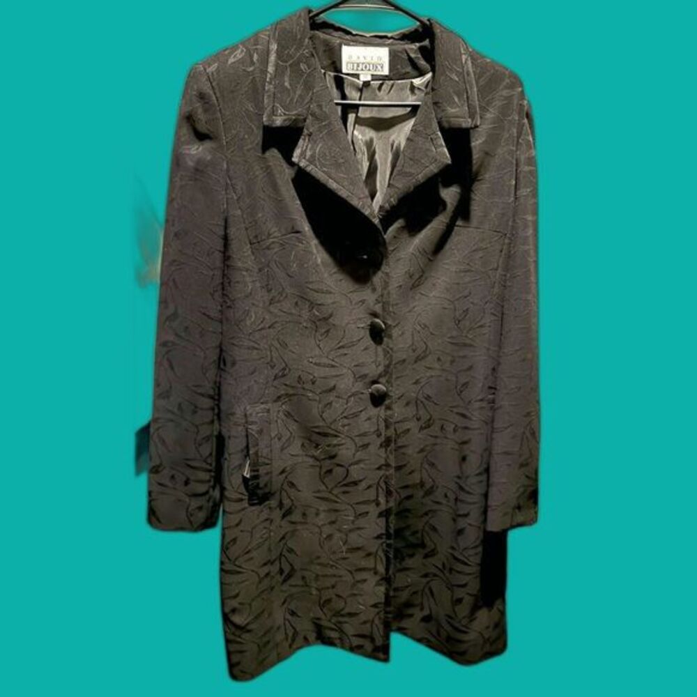 David Bijoux Jacquard Leaf Jacket Women 12 Black Longline Button‎ Front USA Made